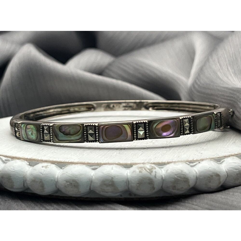 Sterling Silver Marcasite Abalone Cuff Bracelet W/Safety Clasp
